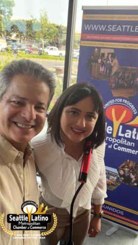 Marcos Wanless, President of Seattle Latino Metropolitan Chamber of Commerce with Claudia Aréchiga, owner of Kahlo’s Cantina.